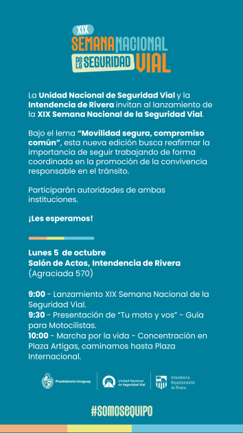 Lanzamiento de la XIX Semana Nacional de la Seguridad Vial en Rivera. Invitación al lanzamiento de la Semana Nacional de la Seguridad Vial