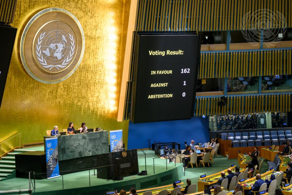 Con 162 votos a favor fue aprobada la Declaración de Progreso por la Asamblea General Pantalla muestra los votos en la Asamblea General con 162 votos a favor y 1 en contra.