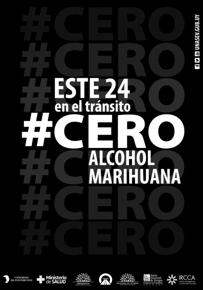 Afiche de la campaña que indica en letras blancas sobre fondo negro la palabra cero alcohol y marihuana para conducir