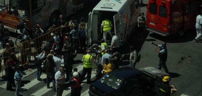 Imagen de simulacro de siniestro de tránsito realizado frente a Plaza Independencia