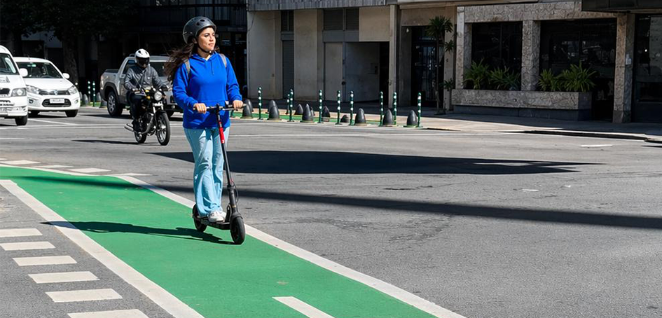 Mujer circulando en monopatín.