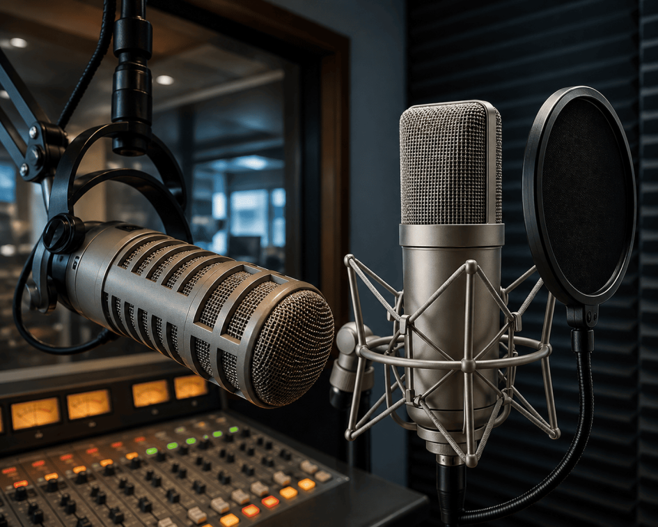Imagen creada con inteligencia artificial de un micrófono y estudio de radio