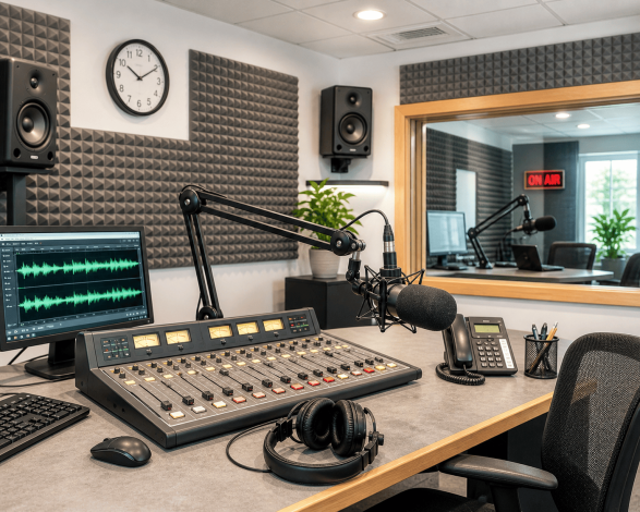 Imagen creada con IA. Trata de un estudio de radio